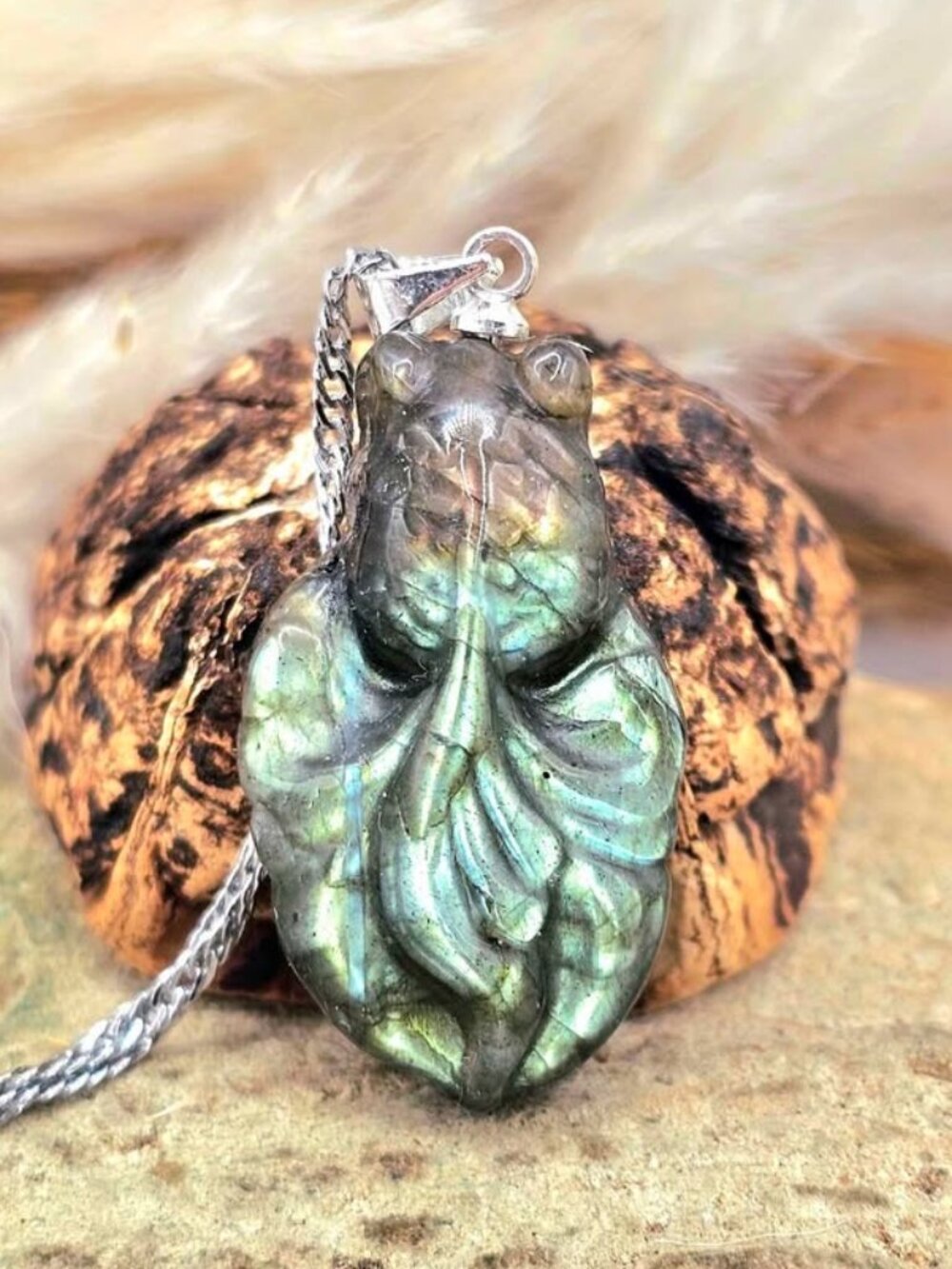 Nature Labradorite Carved Flashy Goldfish Pendant Necklace